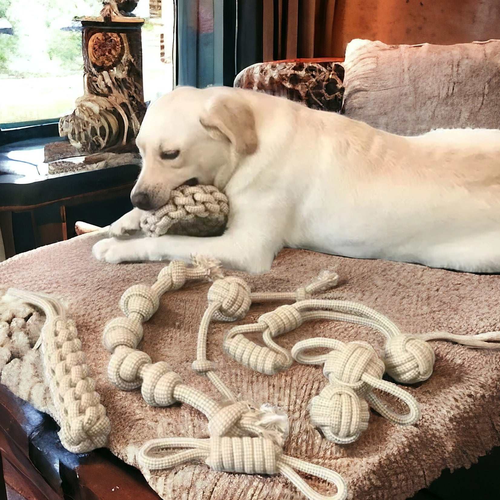 Rope dog chew toy made from hemp fibers and unbleached cotton