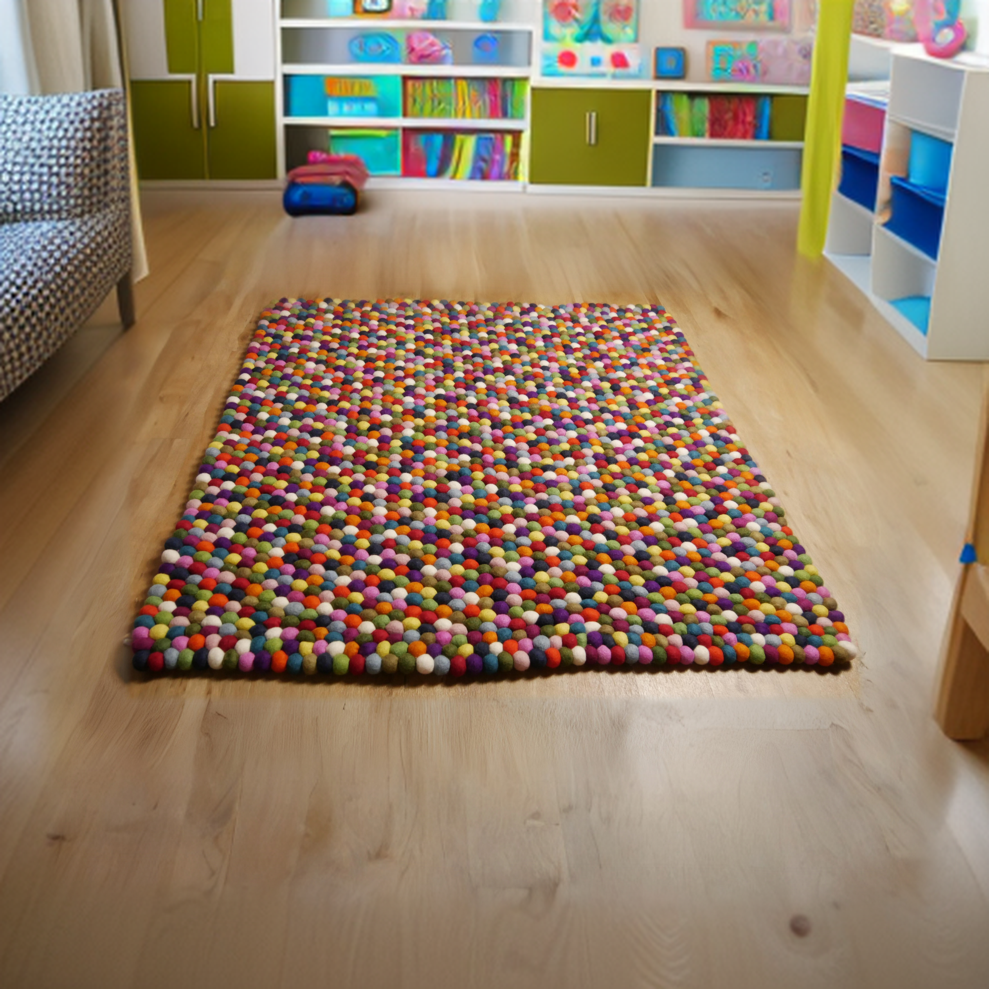 Multi-colored hand-sewn rectangular rug made of wool felt balls