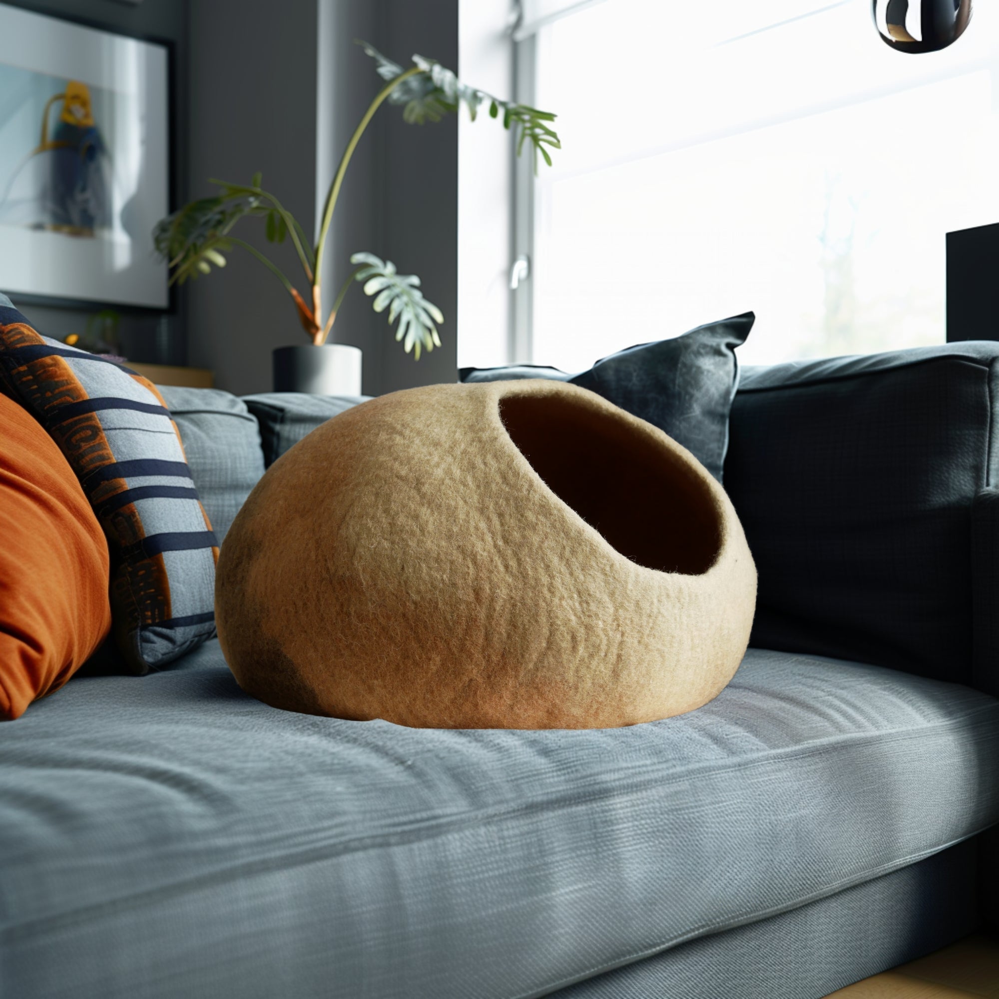 Handmade wool felted cat cave: color earth yellow-brown