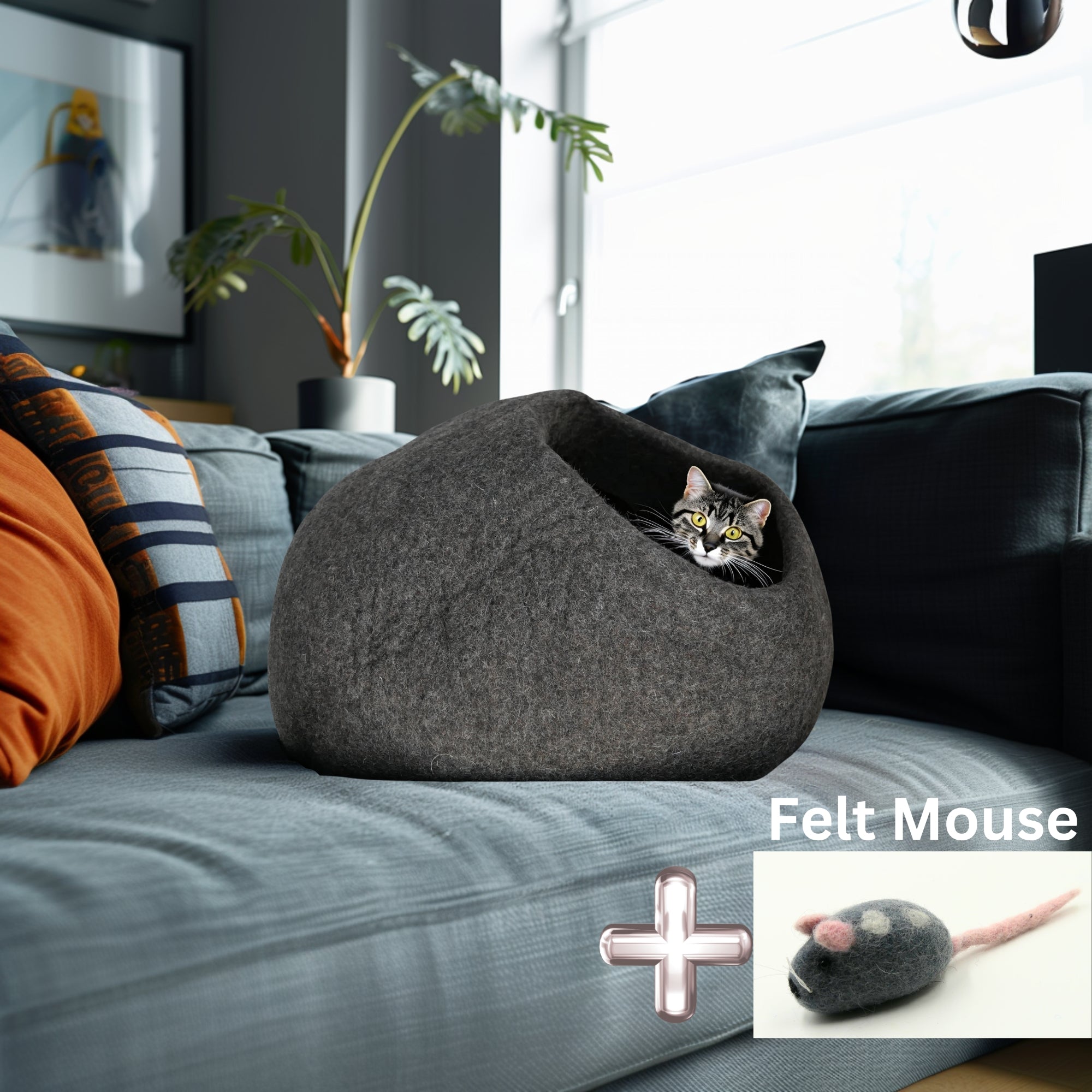 Handmade wool felted cat cave Color: Graphite gray