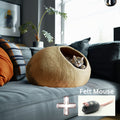 Cueva de gato de fieltro de lana hecha a mano: color tierra amarillo-marrón