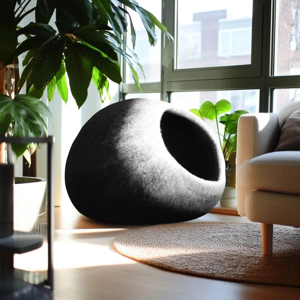 Handmade wool felted cat cave: color white-black