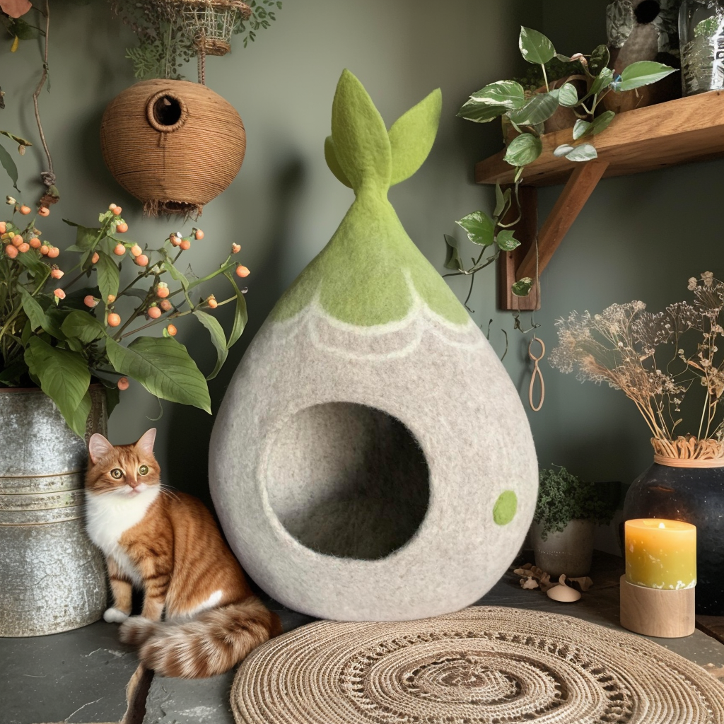 „Handgefertigtes Filz-Katzenhaus in Tropfenform, hellgrau mit grünem Akzent und dekorativem Muster, mit einer Katze gemütlich im Inneren – stilvoller Rückzugsort für Katzen.“