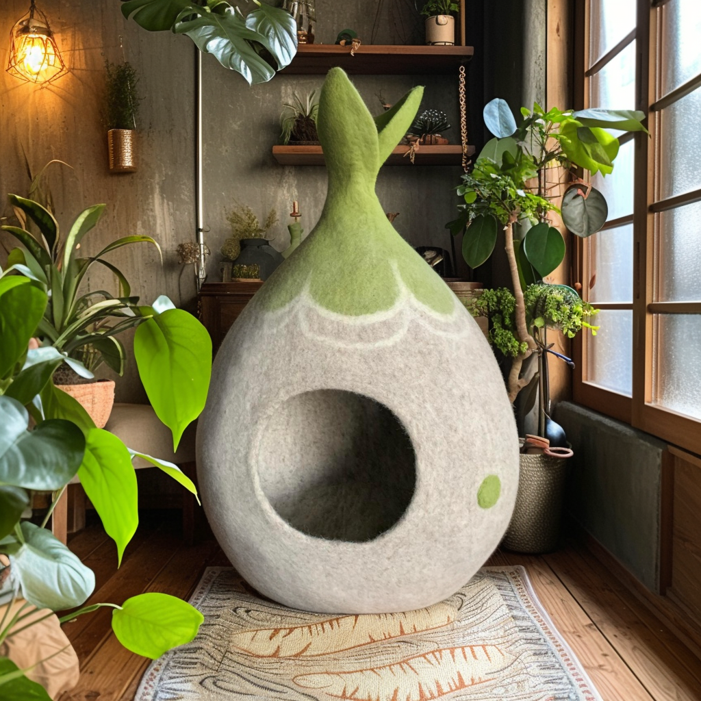 „Handgefertigtes Filz-Katzenhaus in Tropfenform, hellgrau mit grünem Akzent und dekorativem Muster, mit einer Katze gemütlich im Inneren – stilvoller Rückzugsort für Katzen.“